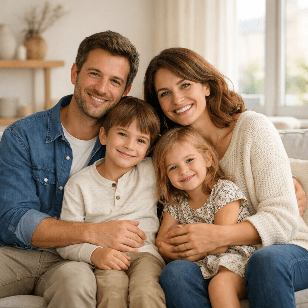 Famille souriante à la maison